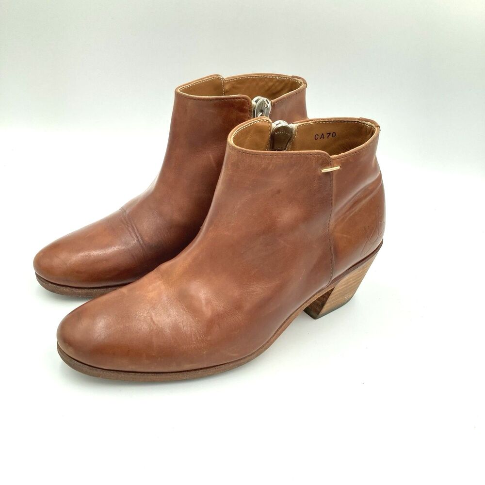 John Fluevog Ankle Boots Size 6 Cognac Tan Leather Zip Up Almond Toe Zipper